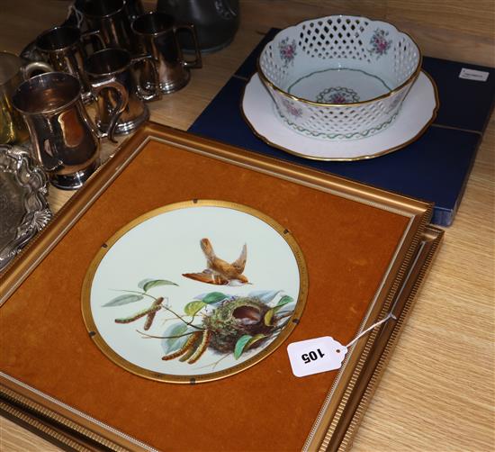 A pair of Minton Aesthetic Movement cabinet plates, painted with birds and nests (mounted and framed) and three other items,